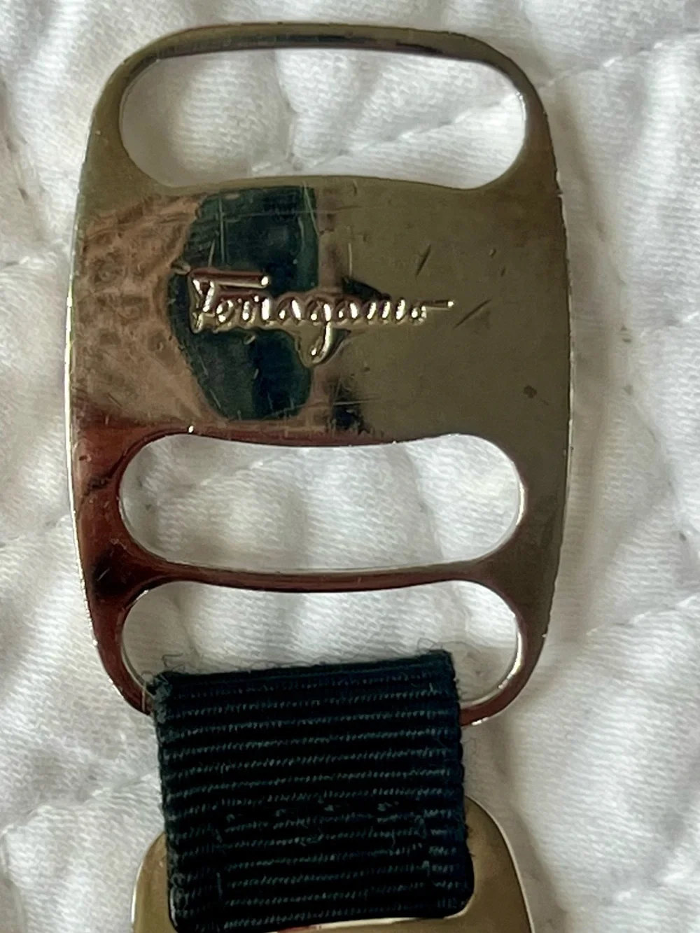 Salvatore Ferragamo Vara Chain Link Grosgrain Belt Black Silver Made in Italy